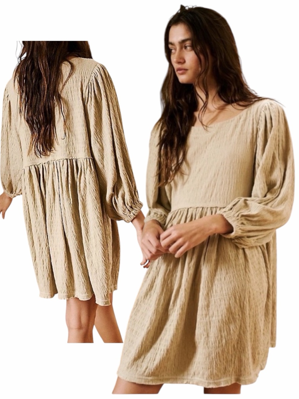 Free People Beige Textured Babydoll Mini Dress Get Obsessed Size Medium $68